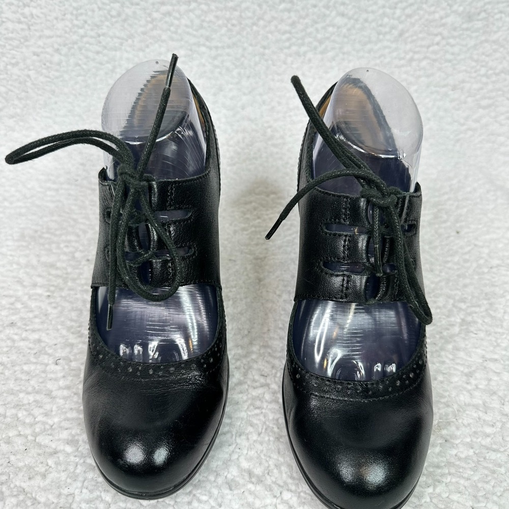 Børn Black Leather Lace Up Oxford Heels Size 8 Comfort Block Heel Brogue Pumps - Picture 2 of 10
